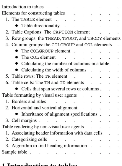 Table rows [p.106] may be grouped into a head, foot, and body sections, (via the THEAD, TFOOT and  TBODY  elements, respectively)
