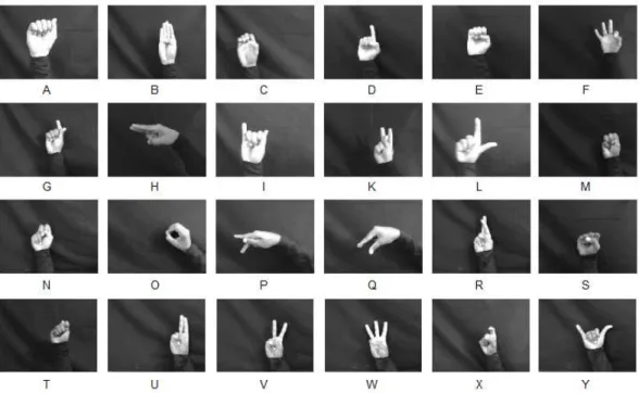 Figure 1.3: One static gesture image for each of 24 ASL hand alphabets with uniform background.