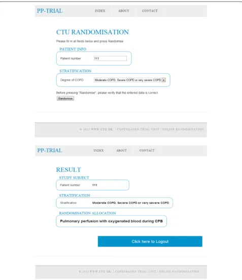 Figure 1 Randomization. Step 1 and 2 in randomization of a patient to intervention with, in this example, pulmonary perfusion withoxygenated blood during CPB generated by a web-based system following successful screening and stratification of a patient (al