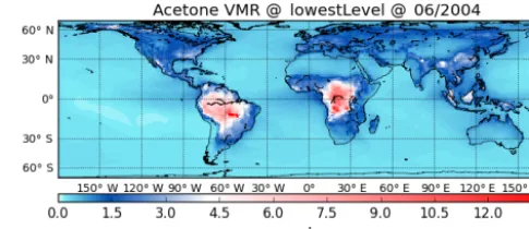 Figure 6. Monthly mean acetone volume mixing ratio in the lowestmodel layer (layer 90, height of about 20m above surface) for June2004, 6 months after initialisation of the OH-chem(megan-ofﬂ) sim-ulation (see Sect