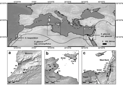 Figure 1.Geographic distribution ofallozymes). Distribution maps were drawn using QGIS v.2.0.1 (QGIS Development Team 2013) and free vector and raster map data atNATURAL EARTH (morphometrics) as well as one Sicilian (POB) and all Tunisian (EJ, SB, JB, EG, 