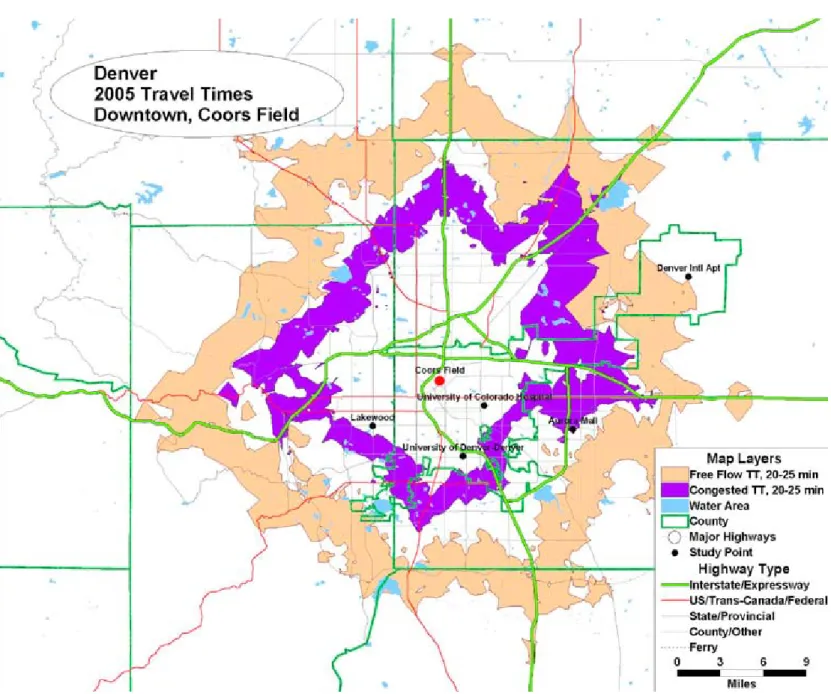 Figure 1: 25-Minute Travel Time in Downtown Denver from   Under Congested (Purple) and Uncongested (Beige) Conditions