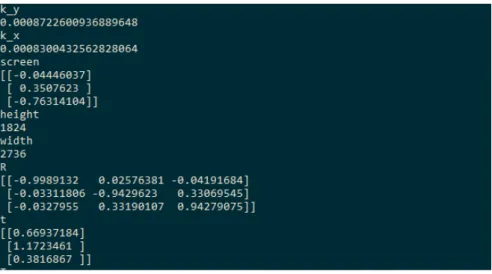 Figure 3.2: Example of screen camera calibration parameters.