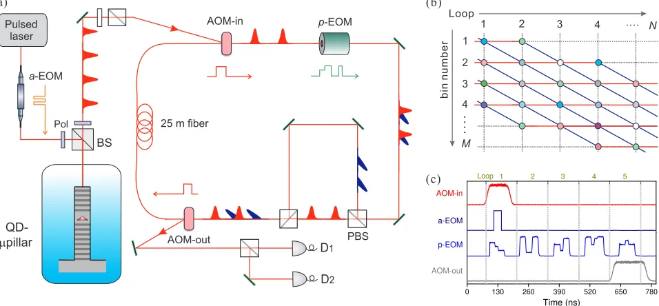 FIG. 1. Boson sampling with a single-photon device. (a) Experimental arrangement. The pumping laser is chopped by a waveguide-basedamplitude electro-optic modulator (programmable coupling ratios