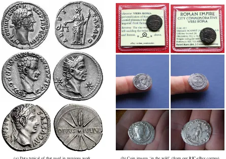Fig. 1. Comparison of images of ancient coins typical of (a) previous work, and of (b) real-world interest