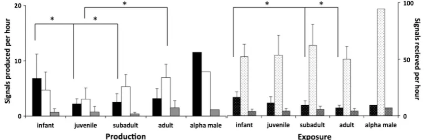 Fig. 1 Mean production and exposure rate of signals for age categoriesand alpha male. Production shown on left: black, white and grey barsrepresent gestural, vocal and combination signals, respectively
