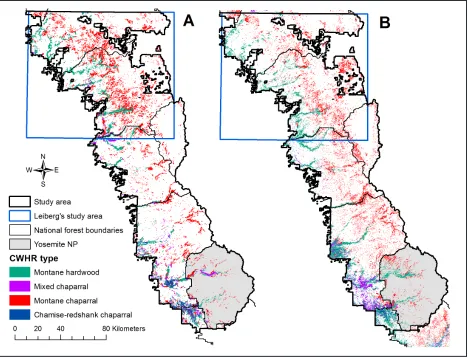 Figure 3.  Comparison of areas mapped as chaparral and hardwood California wildlife habitat relationship (CWHR) types mapped in A) the Wieslander VTM and B) CALVEG