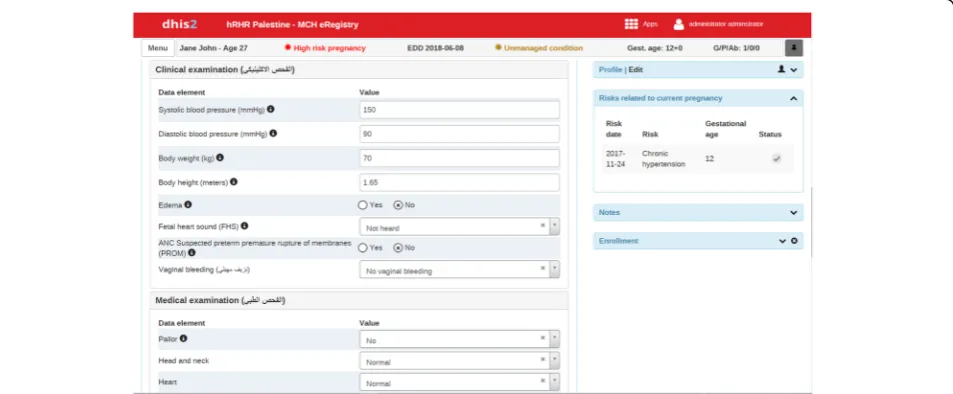 Fig. 2 Intervention: illustration of interactive checklists. The top bar shows computed age, risk status, expected date of delivery (EDD), managementstatus, gestational age at visit, and obstetric score