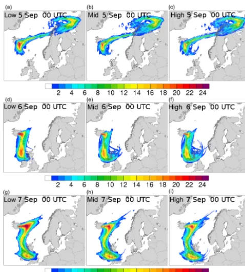 Figure 2. Map of the number of ensemble members that locally ex-ceeds a 5 DU SO2 limit