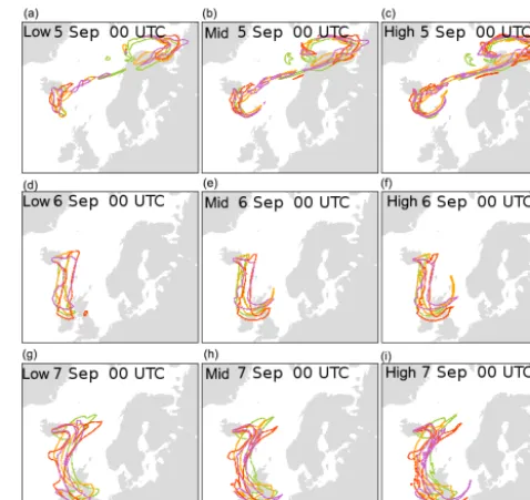 Figure 4. The 5 DU contour lines for four exemplary members af-ter 48 h of forecast in the low, mid, and high resolution ensembles,in the left, middle, and right columns respectively, for start time00:00 UTC on 3 September (a, b, c), 00:00 UTC on 4 September(d, e, f), and 00:00 UTC on 5 September (g, h, i).