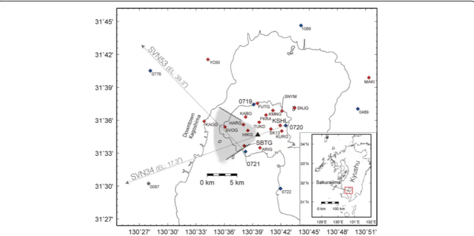 Fig. 1 Map of GNSS stations. Red rectangle in inset map shows the location of the studied area