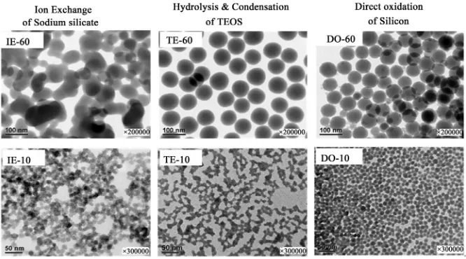 Figure 4. Comparison of TEM morphologies of colloidal silica in IE-60, IE-10, TE-60, TE-10, DO-60, and DO-10