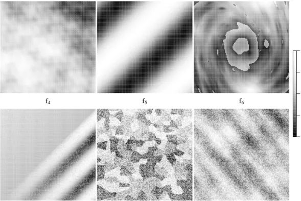 Figure 1: The six spatial processes used in the simulation study. All surfaces were simulated once on the domain [0, 1] 2 