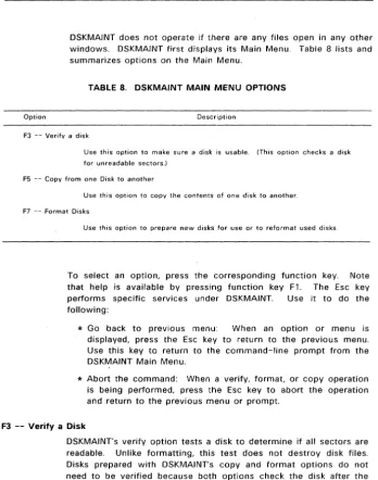 TABLE 8. DSKMAINT MAIN MENU OPTIONS 