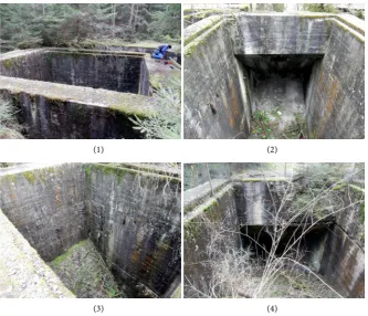 Figure 10. Weingut I—rectangular concrete construction: (1) entrances; (2) internal space