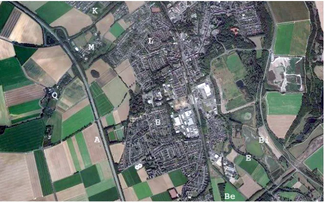 Figure 2. Biber area—A Federal highway 61; B: Bedburg; Bi: Biber site; Be: Bergheim; E: Erft; K: Kaster; L: Lipp; M: Millendorf; O: Oppendorf (Zoom Earth)