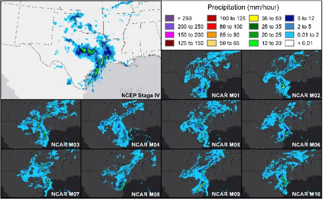 Figure 2. Example precipitation output from the NCAR EPS members (black background plots) and NCEP  Stage IV observations (top left grey background plot) for the same hour