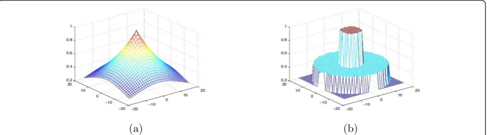 Figure 2 A comparison of weight function based on geometric proximity. (a) Geometric proximity weight assigned by Gaussian function.(b) Scaled and truncated weight function.