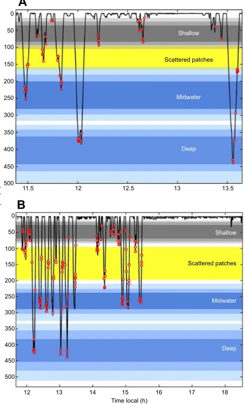 Fig. 3. Foraging activity of the dolphins and synchronous time–dive profile (black) is shown with buzzes (red circles) that indicate attempts todepthdistribution of prey aggregations