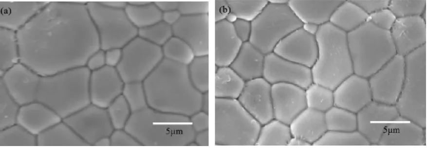 Fig. 3. SEM images of 1 wt. % in BaZr0.3Ce0.5Y0.1Yb0.1O3 – δ sintered at 1400 ºC for 3 hours