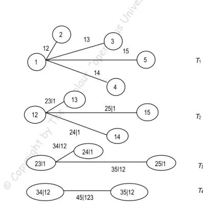 Figure 1. A canonical vine on 5 variables  13  T 1 T2 T 3 T4 14 12 15 1 2 3 4 5 24|1 25|1 23|1 1213141545|123 34|12 35|12 35|12 34|12 23|1 24|1 25|1 