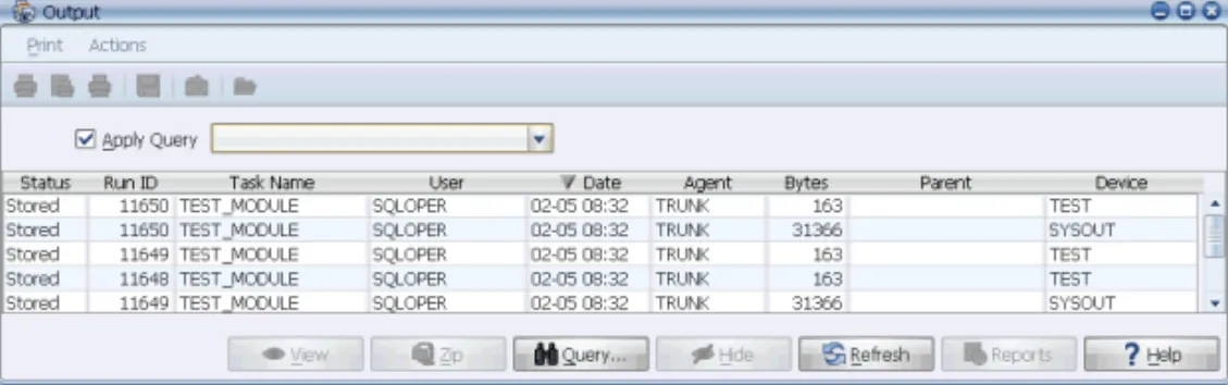 Figure C. The Output window with the Apply Query check box checked
