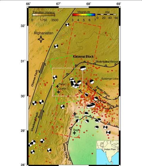 Fig. 1 Regional tectonics of the study area. Faults are from Bannert et al. (1995). The International Seismological Center (ISC) earthquake catalog(International Seismological Center 2012) and Global Centroid Moment Tensor (GCMT) data from 1976 to 2009 are