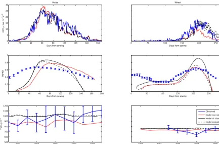 Figure 3. GPP, fAPAR and yield model predictions at one maize site (US-Ro3) and one wheat site (DE-Gri)
