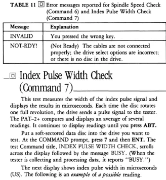 TABLE 11 @] Error messages reported for Spindle Speed Check (Command 6) and Index Pulse Width Check 