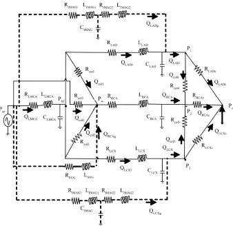 Figure 2. Analog electrical model for the network shown in Figure 1. The grafts are repre-sented with dotted lines