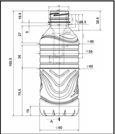 Figure 1. Bottle 330 ml and preform IV 0.738 dimensions and stretch ratios used. 