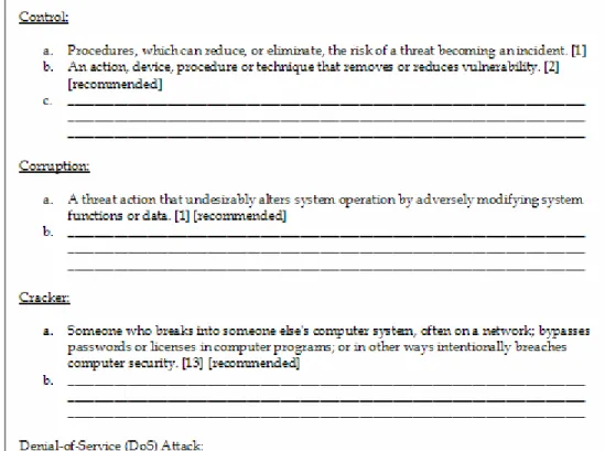 Figure 1:  Sample of Terms and Definitions Provided to Stakeholders for Review  The clients relied on the requirements engineering team’s expertise and knowledge for  guid-ance through the first step; stakeholders considered some terms to overlap and have 