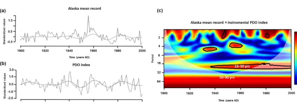 Figure 9. Wavelet coherence analysis between subarctic North Atlantic mean record and instrumental AMO index during the AD 1856–2000 period
