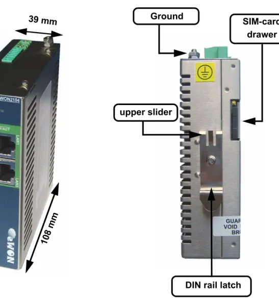 Figure 4: Left: Mechanical Outline - Right: DIN-rail latch