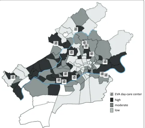 Figure 2 Distribution of social welfare child beneficiaries in Frankfurt’s urban districts and position of ‘Evaluation of two preventionprograms ‘Early Steps’ and ‘Faustlos’ in daycare centers with children at risk’ (EVA) study daycare centers