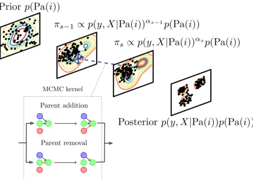 FIGURE 2. Sequential Monte Carlo sampler for Dynamic Bayesian Networks. Particles (parent sets for topic i ) are sampled for the prior, then through several intermediate stages particles are perturbed with an MCMC kernel, to reach the posterior target.