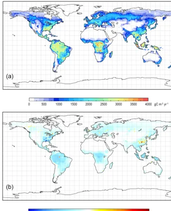 Figure 2. (a) Gross primary productivity (GPP) distribution in 2003 computed using remote sensing LAI and land cover maps and climateand soil data, and (b) net ecosystem productivity (NEP) distribution in 2003