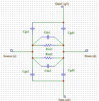 Figure 5. Capacitive model of the DP4T DG RF CMOS switch at ON state.