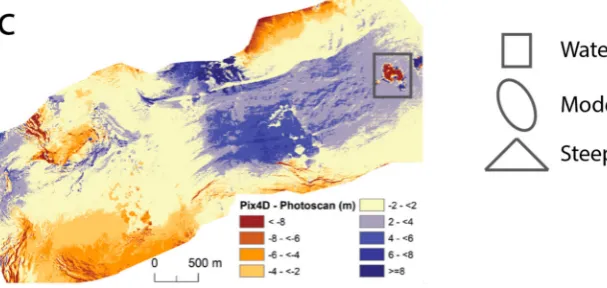 Figure 5. Internal deviations of the three DTMs from 1983, thereby revealing some problems withmodel artefacts, steep walls and lake surfaces: Pix4Dmapper vs
