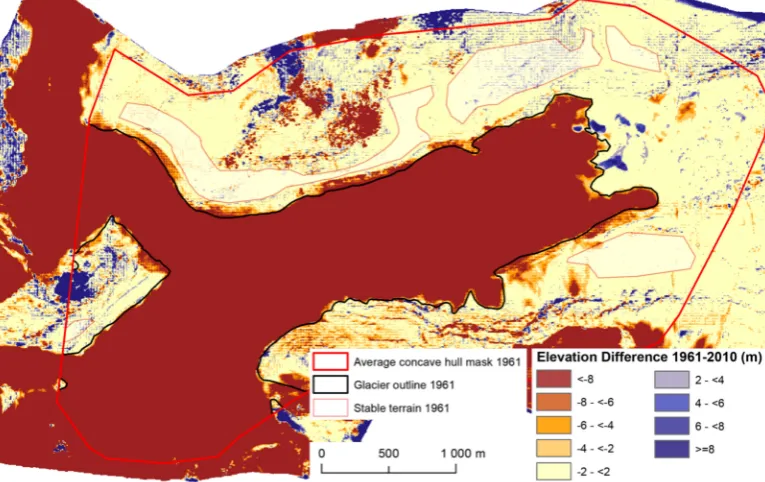 Figure 2. Example of a color-coded DTM differencing map for the period 1961–2010. The 1961 DTMwas generated with Pix4Dmapper.