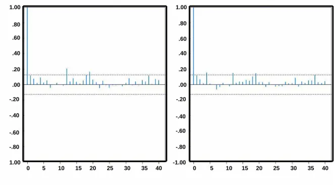 Figure 3.6: ACF plot of absolute value and squares of ARIMA model for data set I