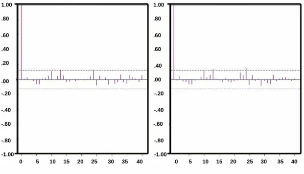 Figure 3.7: ACF plot of absolute value and squares of residuals of ARCH model for data set I