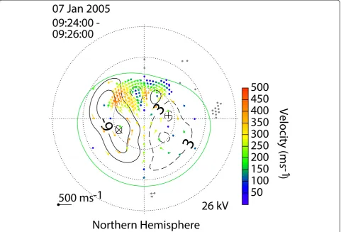 Fig. 9 Two-dimensional ionospheric convection pattern derived from the SuperDARN radars at 09:24–09:26 UT