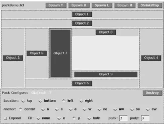 Fig. 6.8. The GUI of theoptions to the packdemo.tcl script for illustrating the eﬀect of various pack command for placing widgets.