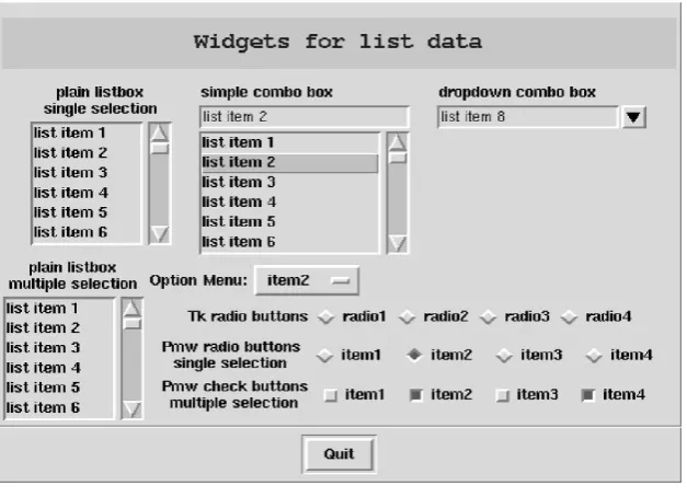 Fig. 6.18.Illustrationofvariouswidgetsforrepresentinglistdata:Pmw.ScrolledListBox, Pmw.ComboBox, Pmw.RadioSelect, and Tk Radiobutton.The window is launched either from the Display widgets for list data button in themain menu window in Figure 6.15, or from the List data item on the Demo menu(Figure 6.17c).