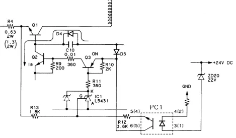 Figure 2-11 showstheInPC the + 24 VDC Voltage Control Circuit. order to maintain the correct voltage on the + 24V line, the main switching transistor will go off if voltage exceeds 24V