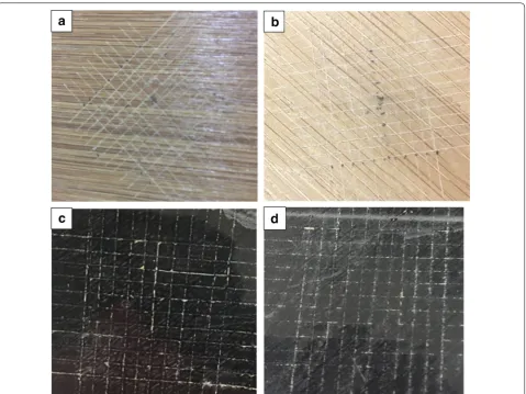 Fig. 11 Images of coated samples and films after cross-cut test (a coated outer layer, b coated inner layer, c coating film off from the outer layer, dcoating film off from the inner layer)