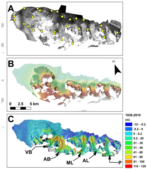 Figure 5: (A) Ny Ålesund orthoimage, (B) 1936 DEM and (C) 1936-2010 elevation difference