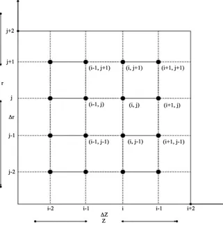 Figure 2. Finite difference grid for capillary porous composite cylinder. 
