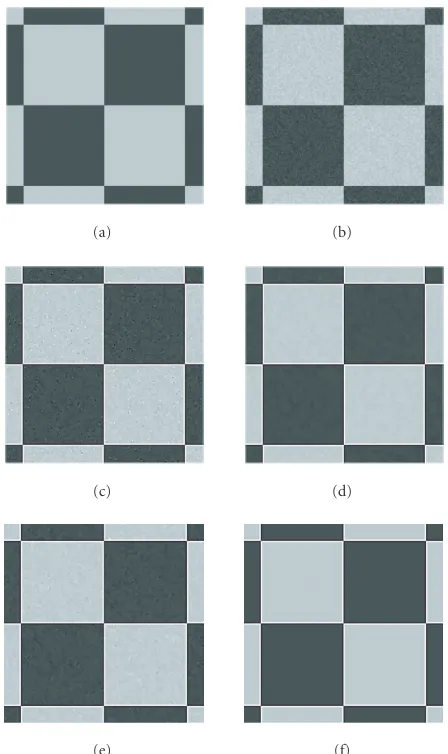 Figure 3: Details of (a) a synthetic image, (b) image corrupted byGaussian noise with variance 50, (c) enhanced image (ksm = 10,ksh = 5, no additional processing), (d) enhanced image (ksm = 20,ksh = 5, no additional processing), (e) enhanced image (ksm = 15,ksh = 5, postprocessing), and (f) enhanced image (ksm = 15, ksh =5, preprocessing).
